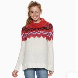 SO | Red and Purple Holiday Fair Isle Cowl Neck Side Slit Tunic